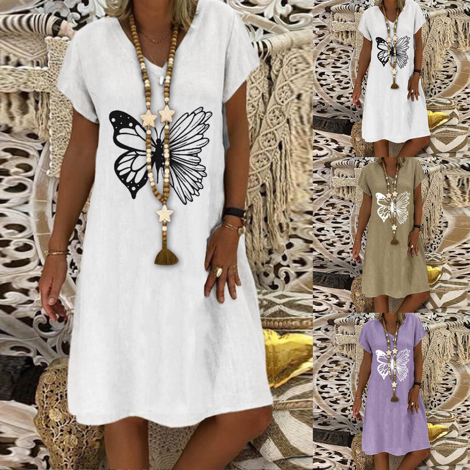 

Мода женщин Случайные V-Neck Хлопок Льняная бабочка Печать Короткие рукава платье
