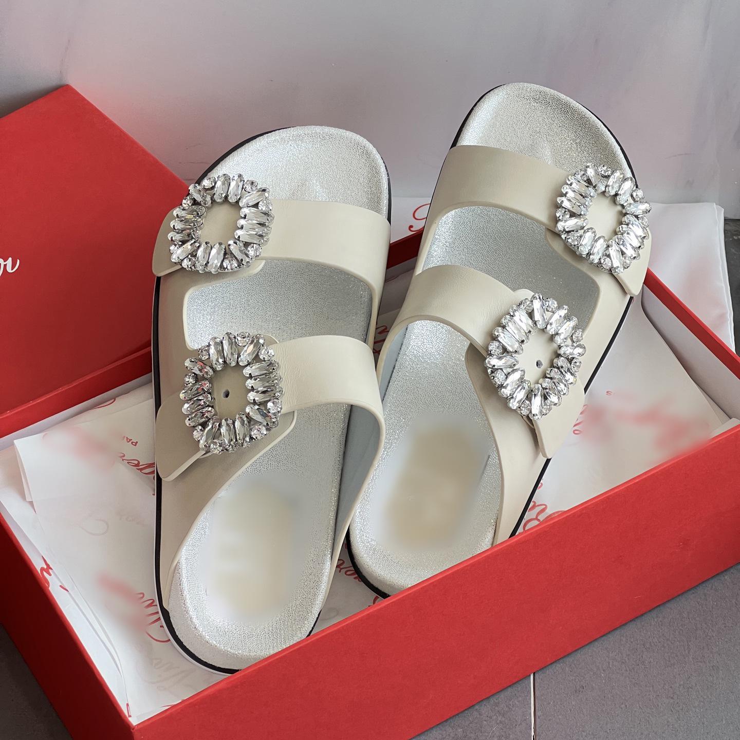 

European & American 2025 Summer Genuine Leather Rhinestone Buckle Flat Women s Sandals with Soft Sole. Size 38