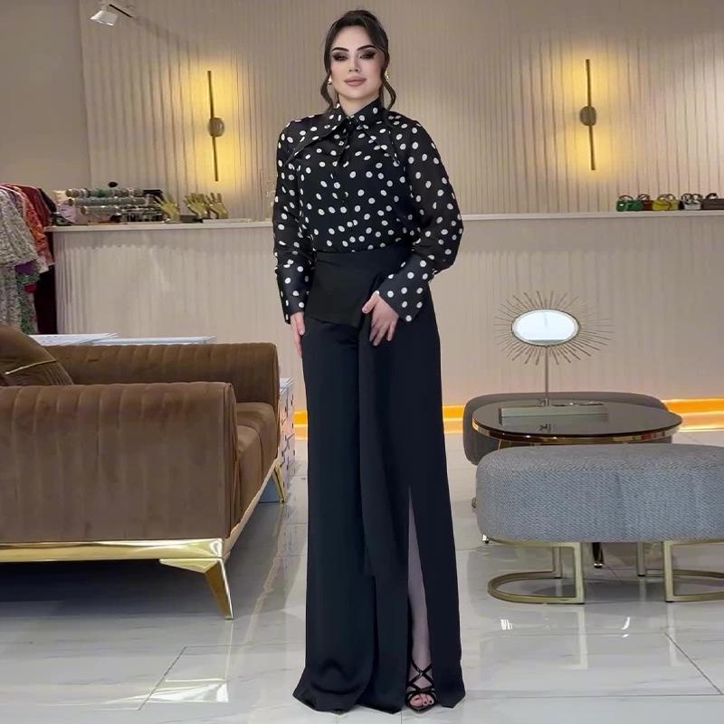 

Женский модный принт на осень 2024 года, комплект из двух частей: Топ в стиле легкой зрелости и повседневные длинные брюки M чёрный