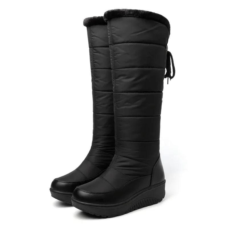 White Warm Fur Waterproof Women Knee High Snow Boots Black Down Vacation Party Lady Back Lace-up Wedge Platform Heels Long Boots