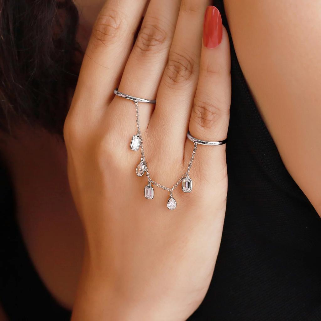 2026 New Arrived Fashion Women Jewelry Geometric Bezel CZ Drop Charm Tassel Chain Double Finger Ring Gold Plated
