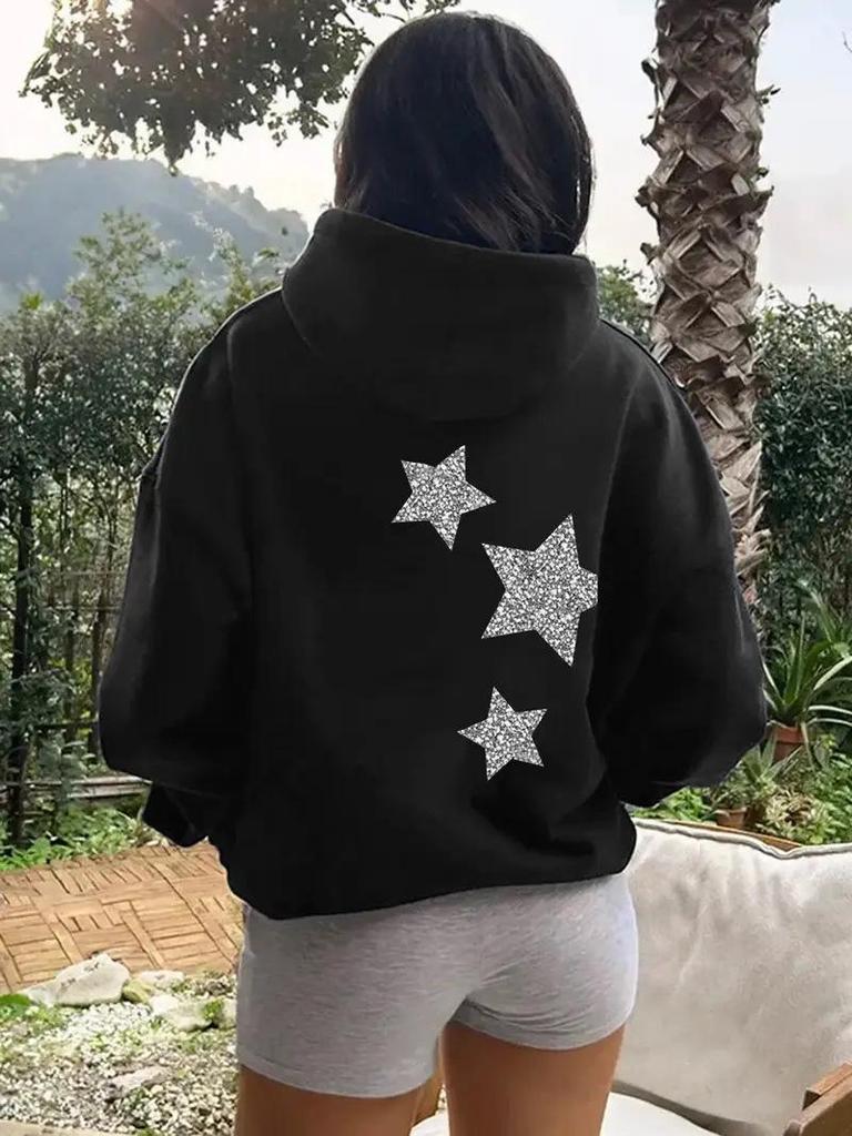 American Style 2025 Hooded Sweatshirt with Silver Stars - Casual Loose Pullover Outerwear