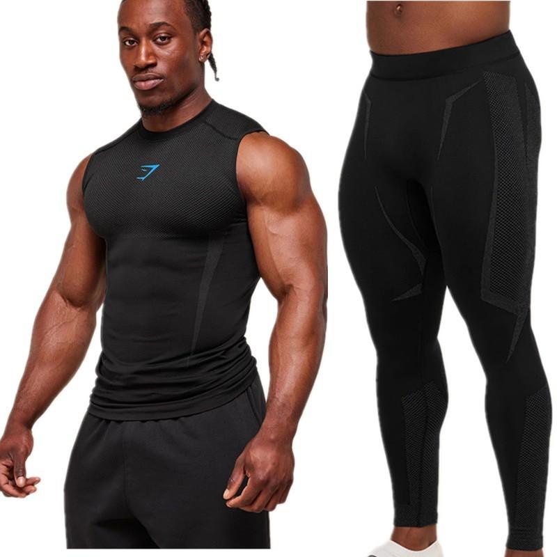 Mens Quick-Dry Compression Fitness Set Sleeveless Tank Top 9/10 Length Leggings Gym Workout Running
