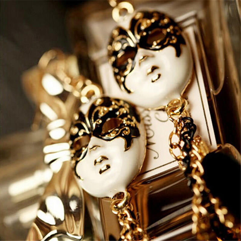 Vintage Baroque Chain Feather Tassel Chain Mask Long Drop Earrings For Women