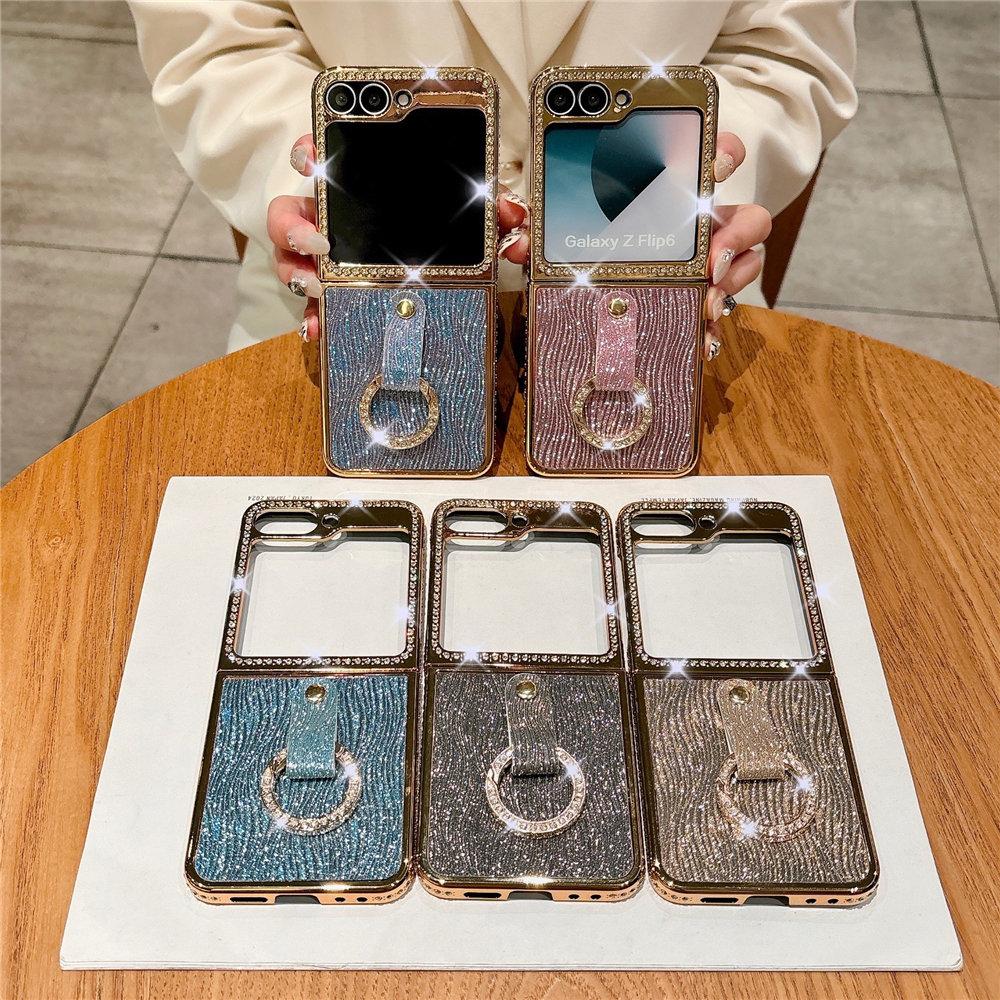 Ring Holder Diamond Case For Samsung Galaxy Z Flip 6 5 4 Zflip 5 Zflip 4 3 Bling Electroplating Cover