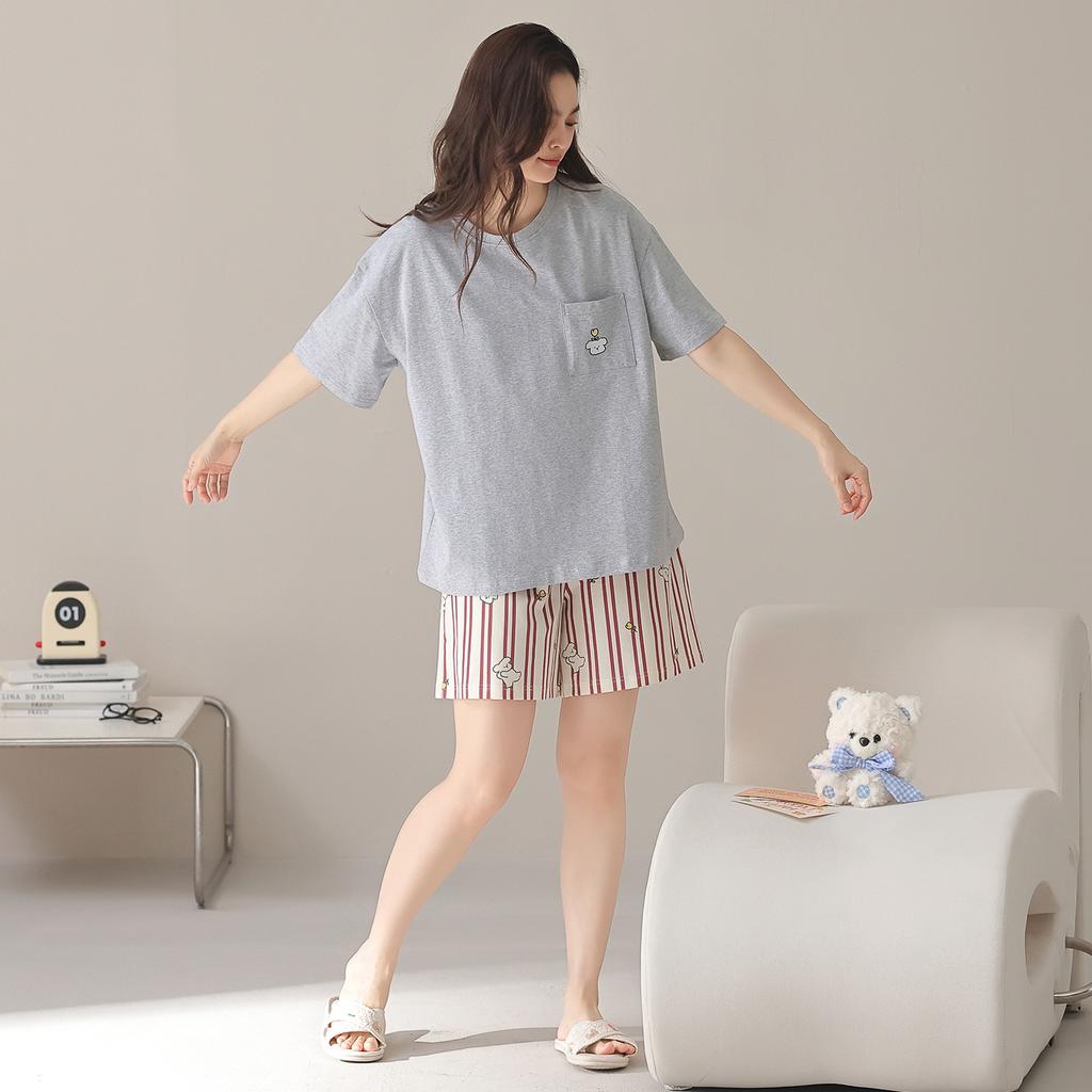 New pajamas women's summer cotton short-sleeved shorts set casual loose solid color Korean simple round neck loungewear