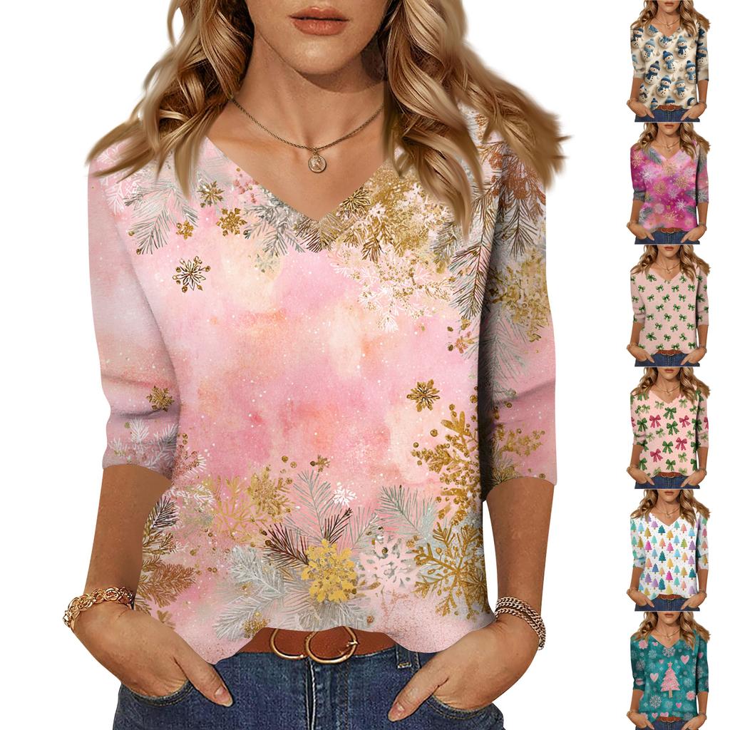 Women's Tops Three-quarter Sleeve Shirt V-neck Loose Casual Shirt Print T-shirt