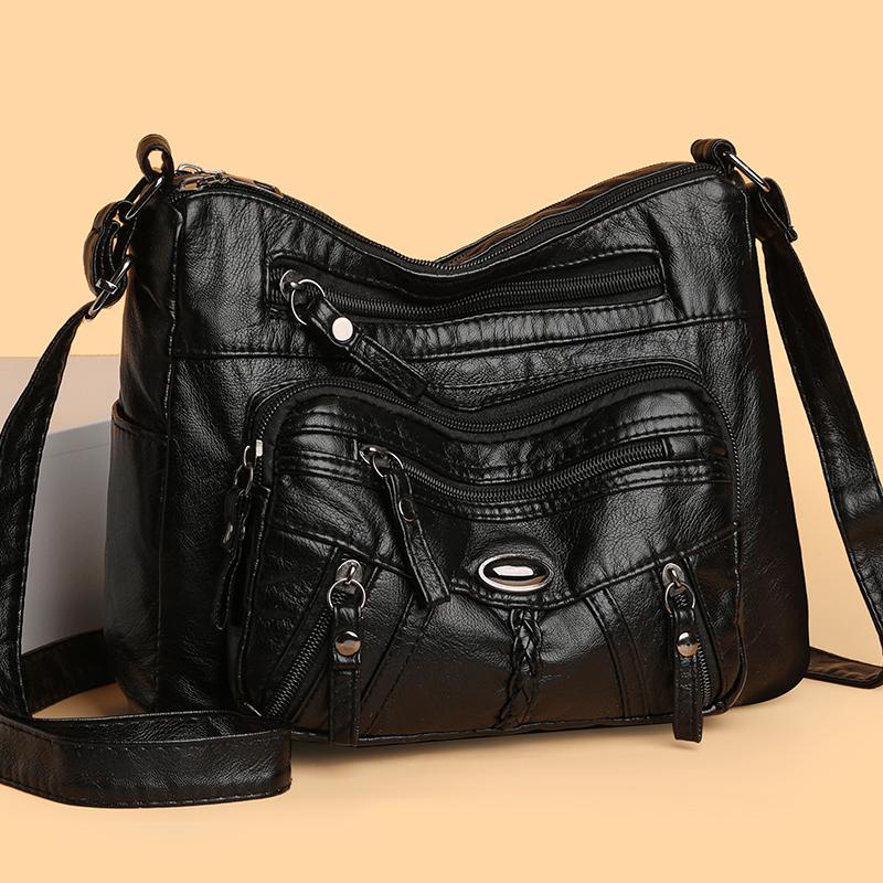 Damska miękka skórzana torba na ramię z wieloma kieszeniami, torba crossbody, torba dla mamy w średnim wieku