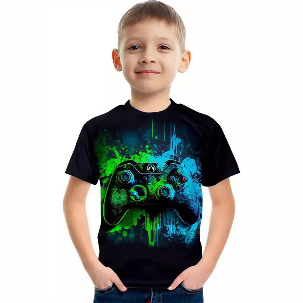 Summer Round Neck 3D Game Console Printed Top Fashionable Casual Short Sleeved Children's Boy T-shirts