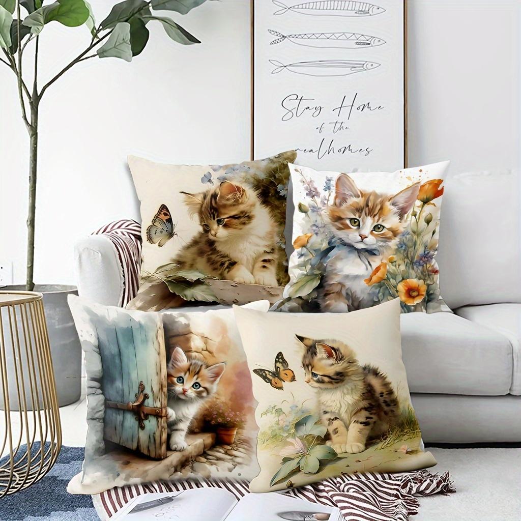 4-Pack Cute Cat Print Pillow Covers, Modern Style Decorative Cushion Cases For Home, Bedroom, Living Room, And All Room Types
