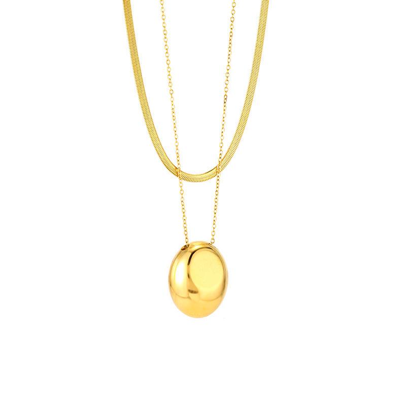 Gold Oval Pendant Necklace - Elegant Titanium Steel, Clavicle Chain, Colorfast, High-End Niche Design for Women