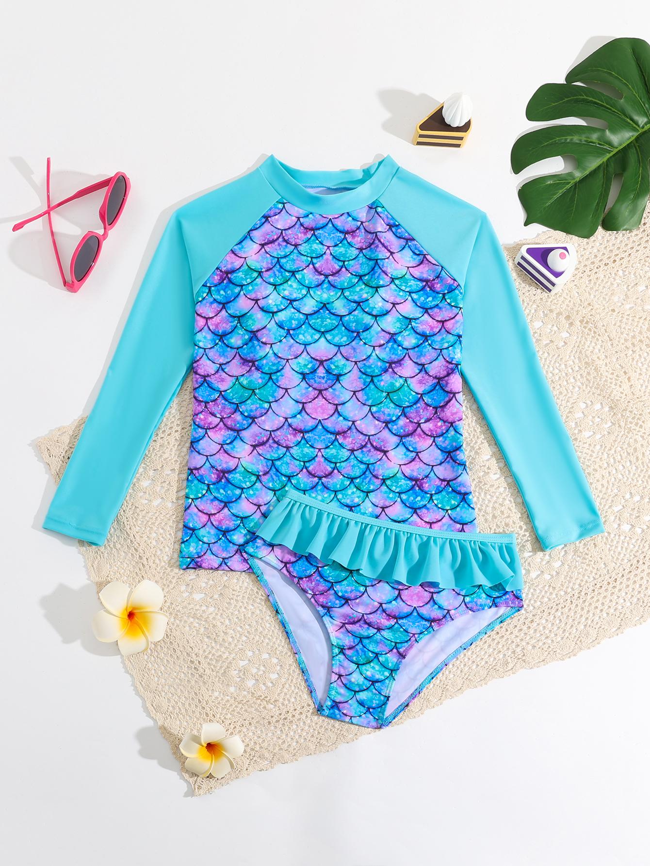 

2Pcs Kids Girls Print Swimsuits Beach Outfits Cartoon Print Tops and Briefs Set Beach Swimwear Bathing Suits 110 синій