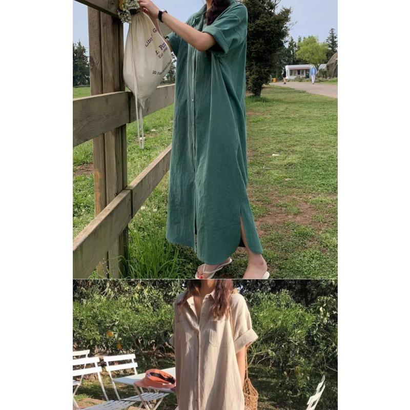 Shirtdress Women's Summer Simple Long Short Sleeve Dress Over The Knee