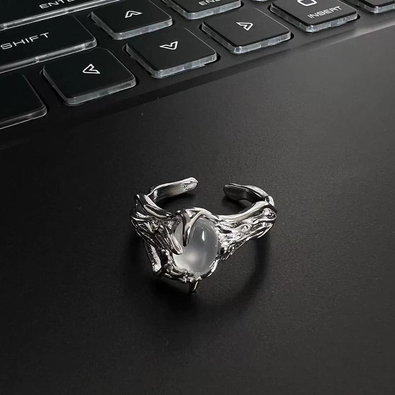 Punk Moonstone Irregular Geometric Statement Ring Unisex Open Adjustable Jewelry Fashion Accessory Trendy Band Party Gift