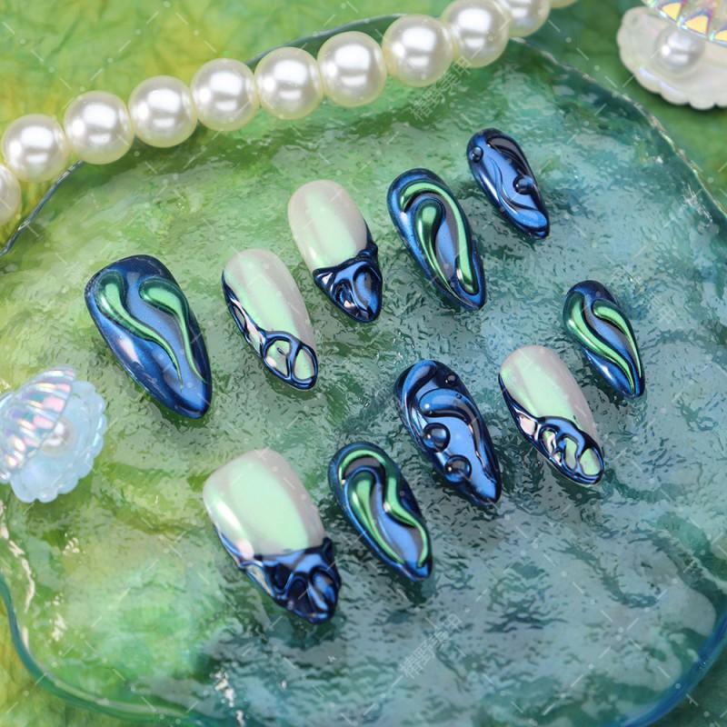 Handcrafted Press-On Nails With Metallic Chrome Finish Almond Shape Blue A1945 Women Sweet Punk Light Luxury Thin
