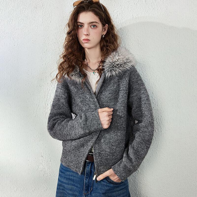 Women's Wool Blend Hooded Knit Cardigan with Faux Fur Collar