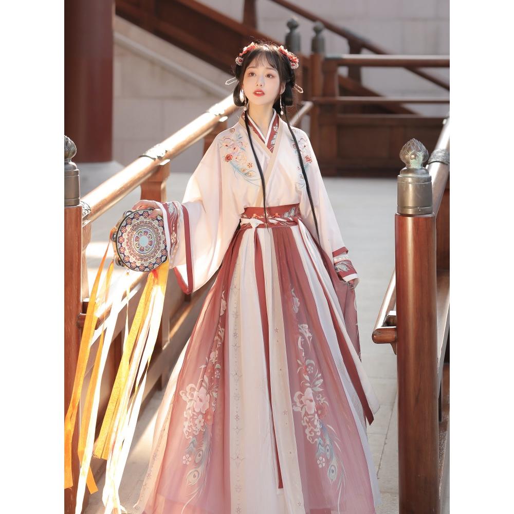 Chinese Wei And Jin Dynasties Style Hanfu Printed Collar Blouse And Waist-length Skirt Women's Suit