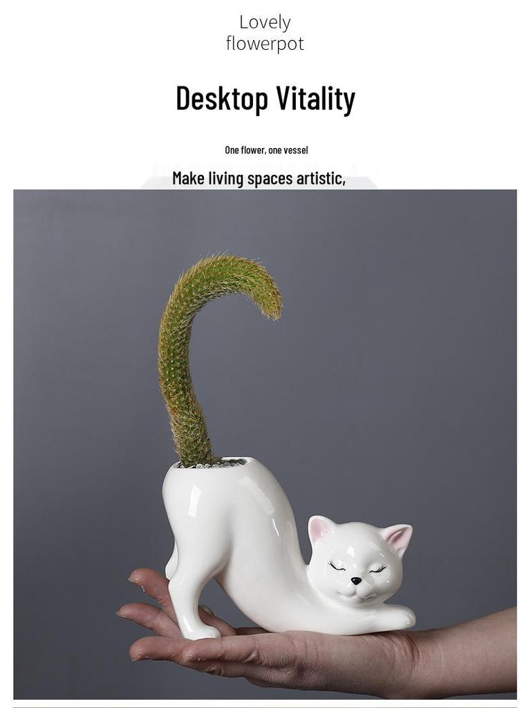 Creative Cat Tail Ceramic Succulent Pot - Cartoon Cactus Flower Vase