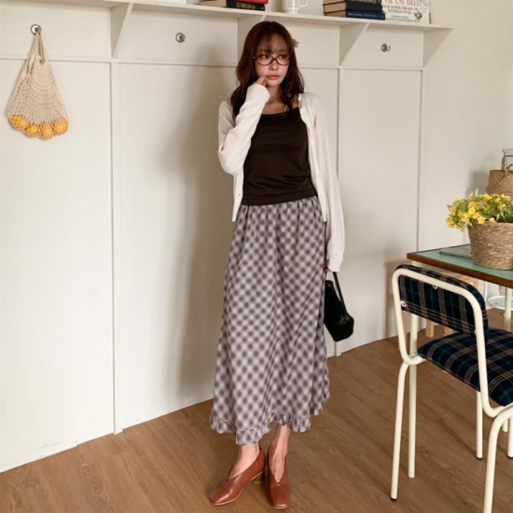 New Arrivals Open Run Women Check Frill Long Skirt Banding Design