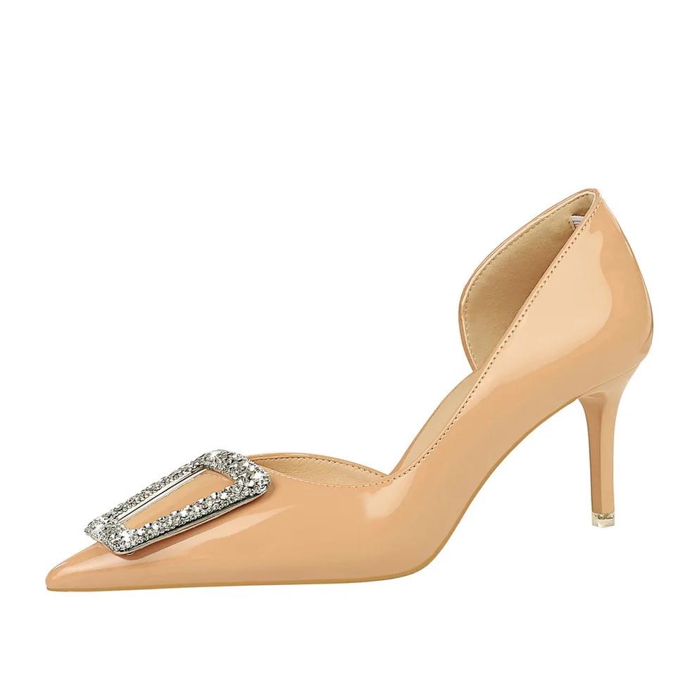 BIGTREE Fashion Crystal Buckle Hollow Wedding Shoes Women Pointed Toe Patent Leather High Heels Red Black Ladies Party Pumps