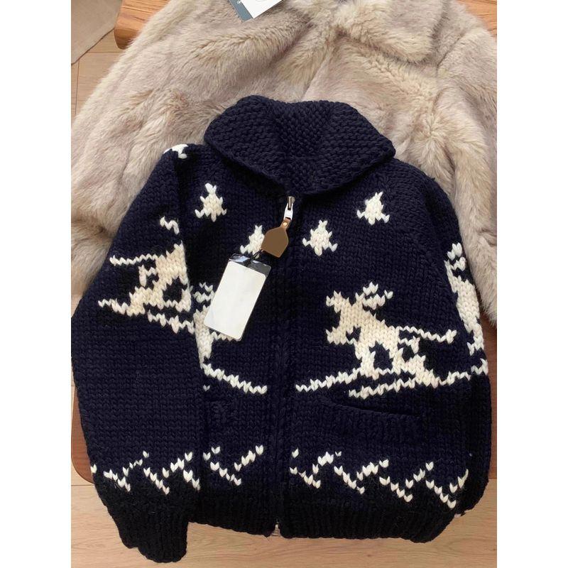 

Темно-синий вязаный кардиган женский 2024 новый внутренний слой верхняя одежда зимняя атмосфера лыжный жаккардовый лацкан свитер тренд Navy blue S