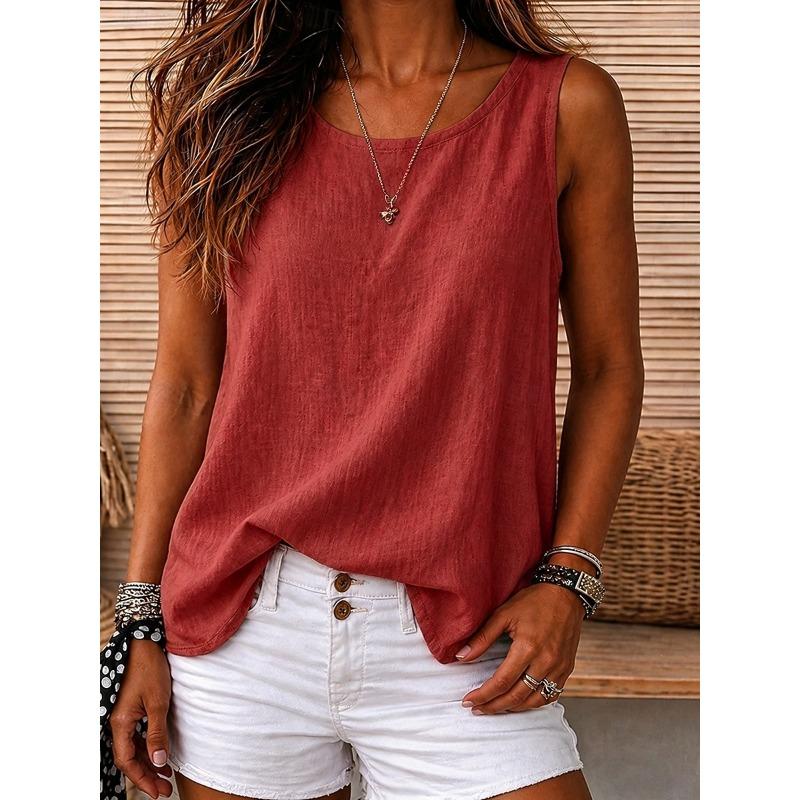 Women's Vintage Washed Round Neck Sleeveless Tank Top Casual Black White Sky Blue Orange Violet Summer Spring