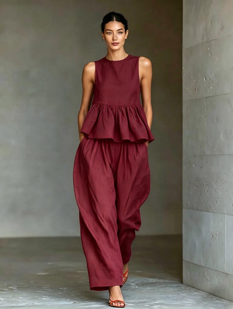 2026 summer new Amazon, suit women's sleeveless ruffle top + loose wide-leg pants two-piece commute