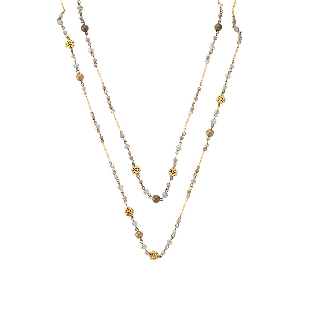 Sweet Cool Spice Bohemian Long Necklace Vintage Vintage Double Layer Flower Beaded Necklace Personality Niche Necklace