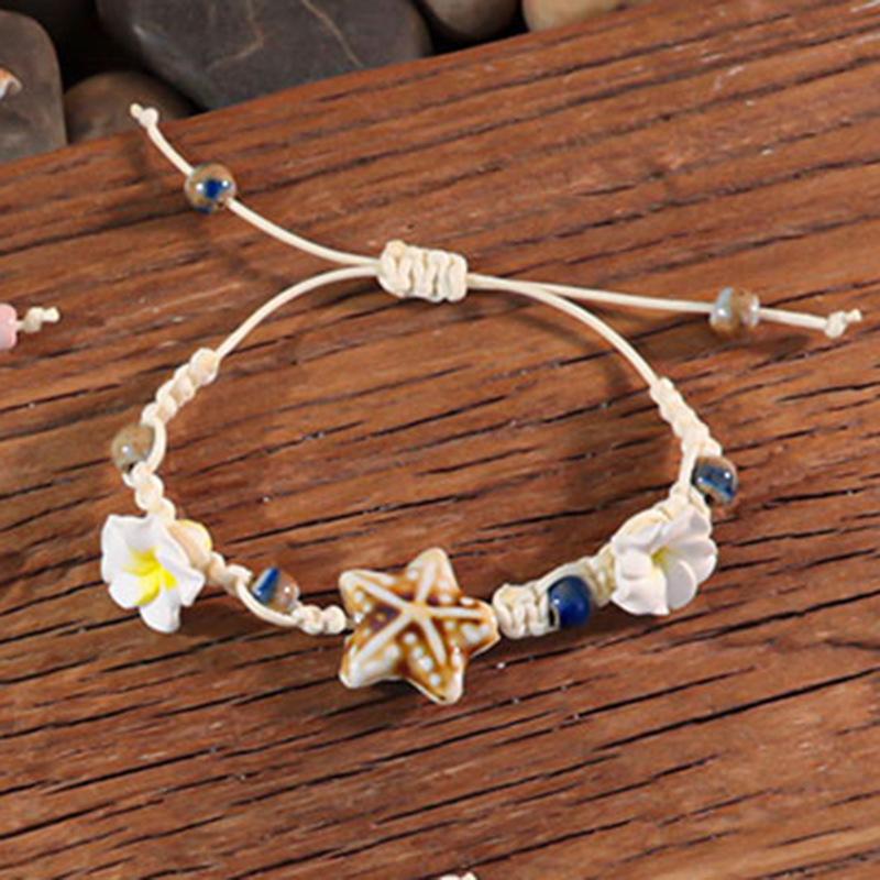 Ocean Elements Ceramic Starfish Turtle Necklace Bracelet Set, Three-dimensional Soft Pottery Flower Adjustable Weaving Jewelry