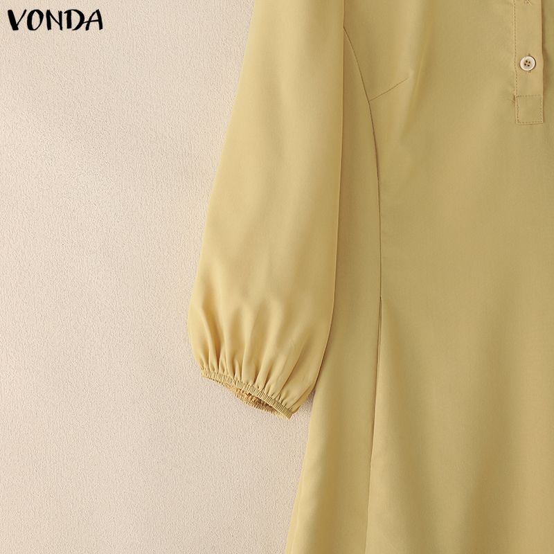 VONDA Elegant Women Lapel Neck Long Puff Sleeve Casual Office Dress
