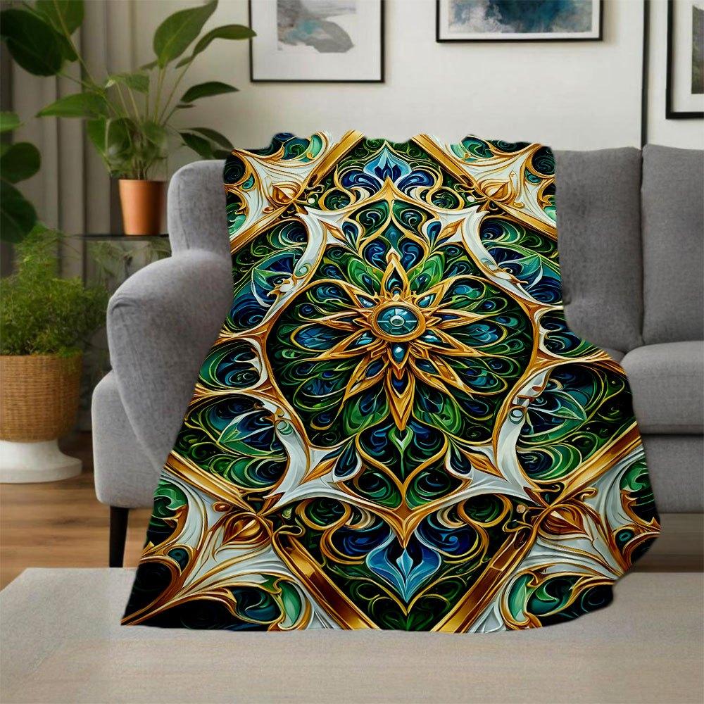 "Golden Mandala Artwork: Vibrant Green & Blue Decorative Pattern"Blanket Flannel Throw Blanket for Sofa, Bed, Travel, Camping, Office, Couch