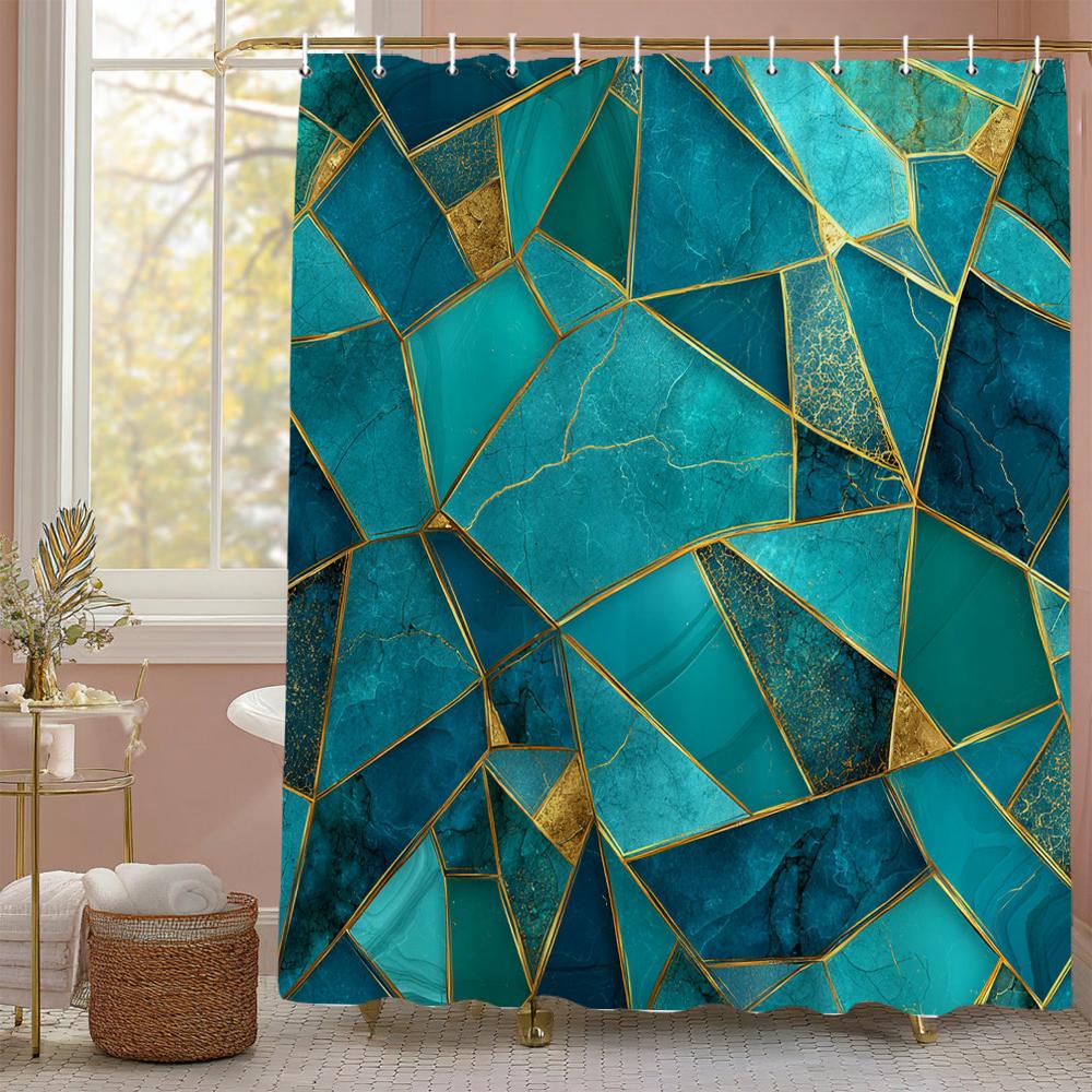 Modern Creative Geometric Pattern Blue Shower Curtain, Bathroom Decorative Shower Curtain, Waterproof Shower Curtain with Hooks