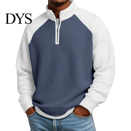 Breathable Outdoor Activewear Men Waffle Sweatshirt, Long Sleeve Quarter Zip Contrasting Color Mens Sweatshirt Casual Stand Collar Pullover Shirt for