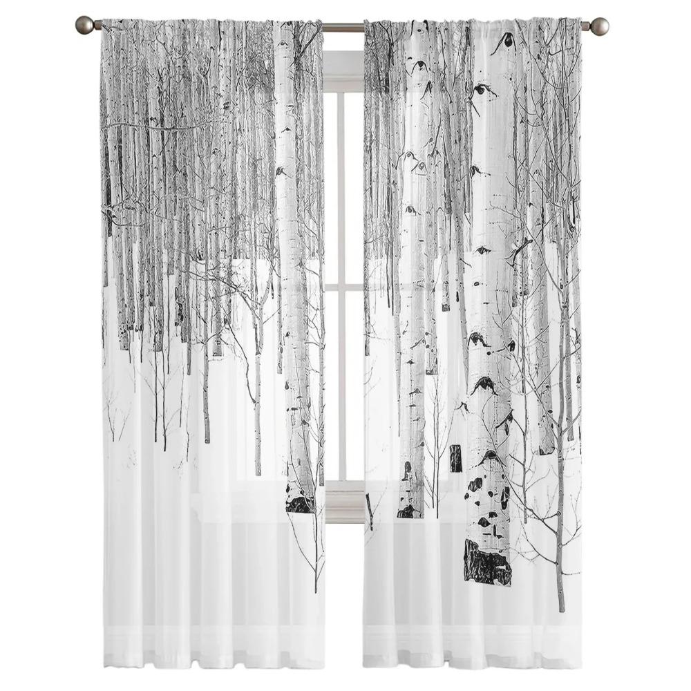 White Aspen Trees In Snow Netting Window Curtains Living Room Organza Yarn Sheer Voile Curtain Bedroom Cooking Area Home Decor Drape