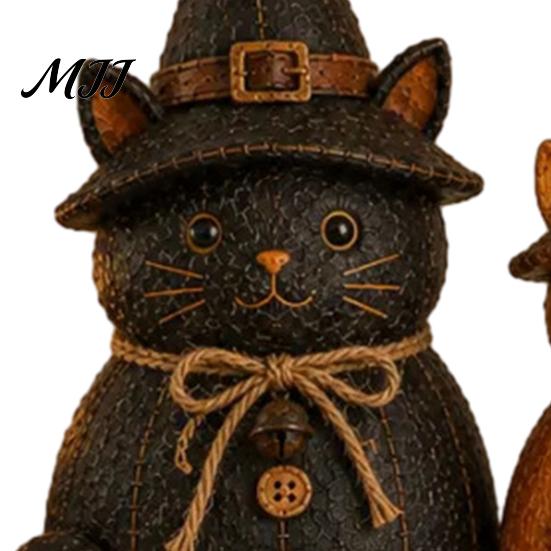 Rustic Pumpkin Figurine Sets 3Pcs Halloween Witch Cat Dog Statues, Resin Farmhouse Seasonal Home Soft Furnishings Ornaments for Autumn Thanksgiving,