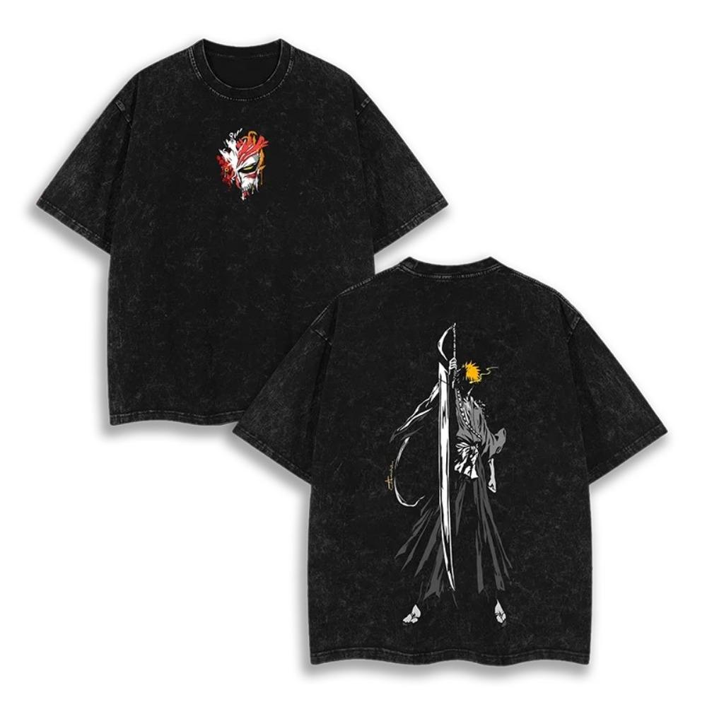 Washed Oversized Bleach Anime Graphic Print Tshirt Women Ichigo Kurosaki Bankai Hollow Bleach Female Unisex Clothing Tee