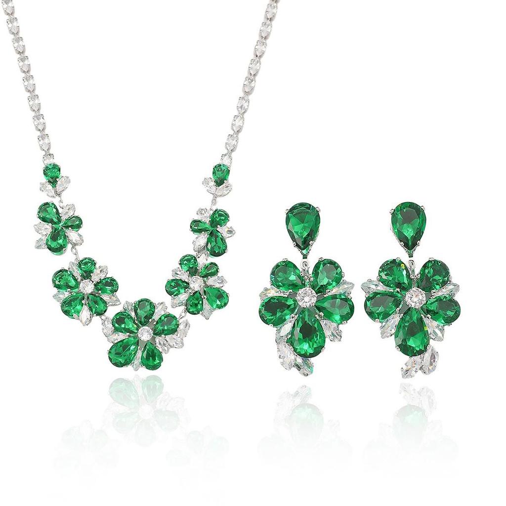 European Style Zircon Emerald Flower Necklace & Earrings Set