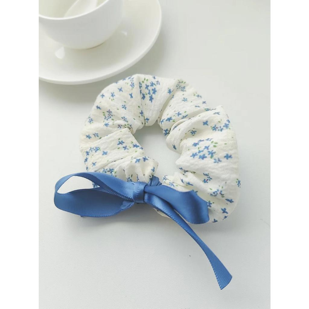 1Pcs Women's Fashionable Bow Small Floral Pattern Large Intestine Circle Hair Accessory For Daily Use