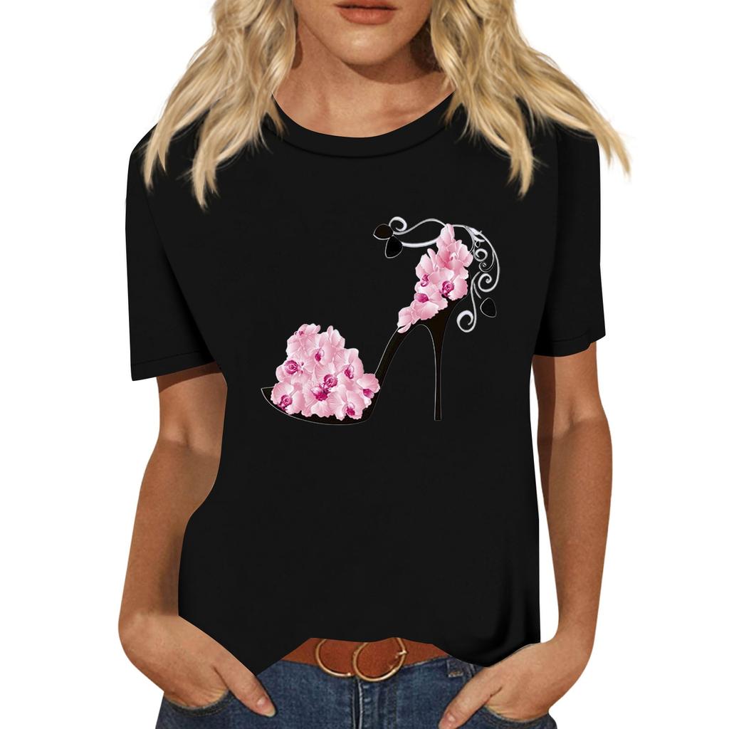 Damen Casual High Heels Blumenmuster Casual Kurzarm T-Shirt Pullover Rundhals Kurzarm Oberteil
