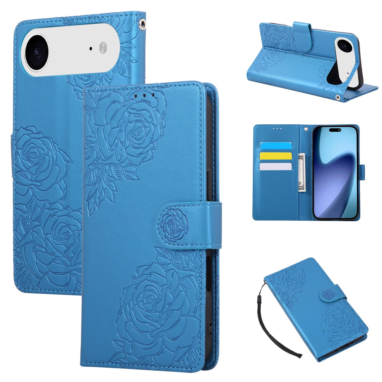 

For iPhone 17 Air Case Rose Flower PU Leather Wallet Phone Cover with 3 Card Slots/Wrist Strap Blue