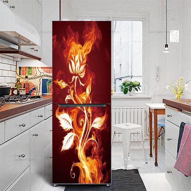 Autocolant pentru frigider cu flori retro, fundal albastru deschis, vinil, PVC, impermeabil, autocolant, poster mural, autocolant decorativ pentru frigider