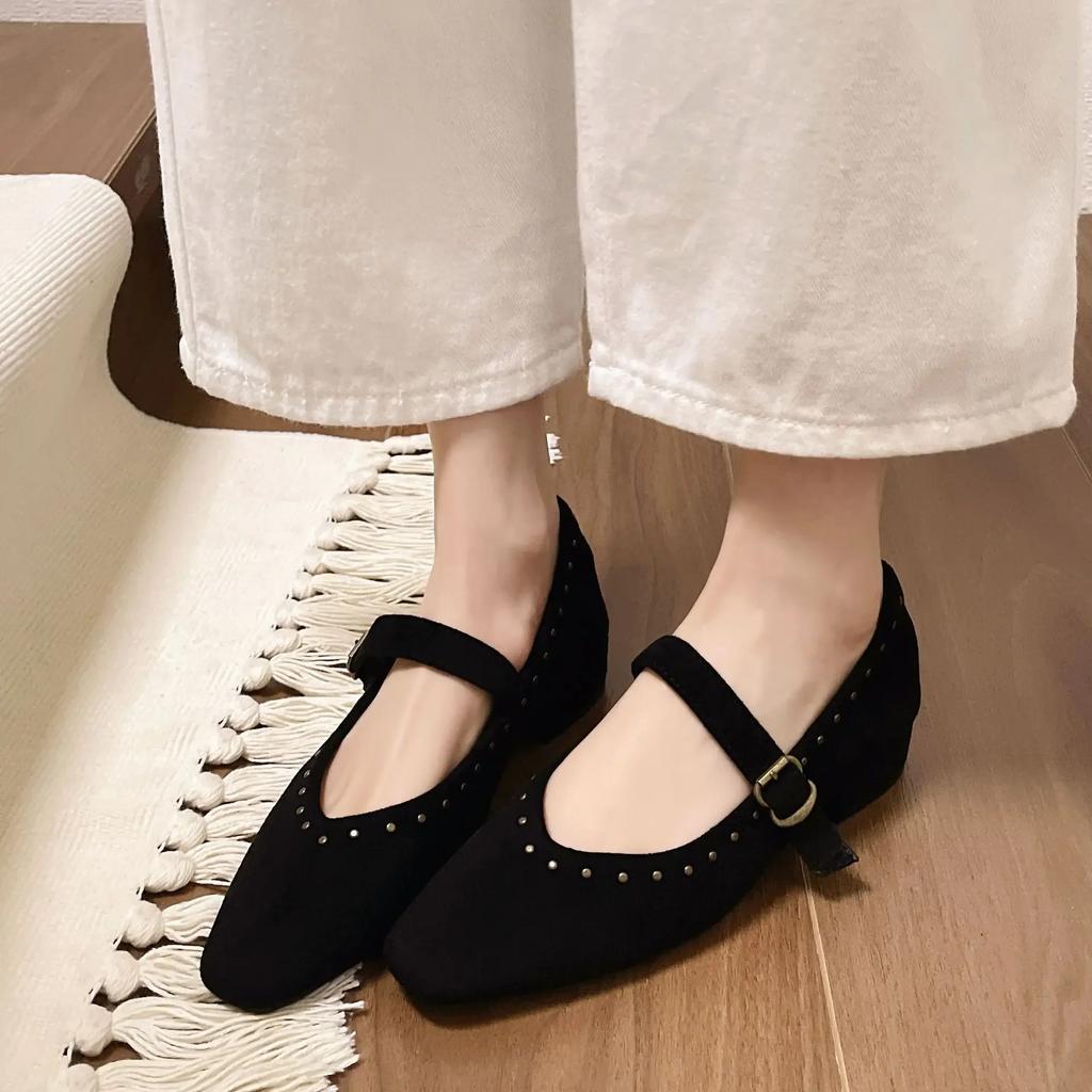 Vintage Mary Jane 2025 New Style French Elegant Cropped Studded Round Toe Shallow Sole Evening Shoes Soft Sole Day Shoes