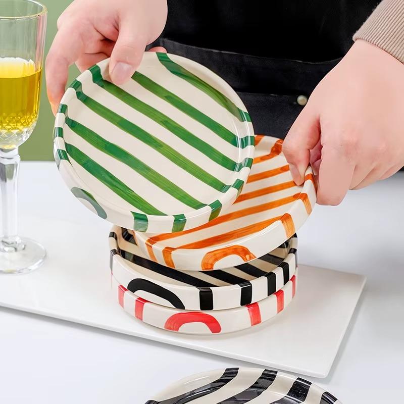 Colorful Ceramic 6inch Striped Plates – Handcrafted Dinnerware for Kitchen, Home Decor, Dessert, Salad, Party Use