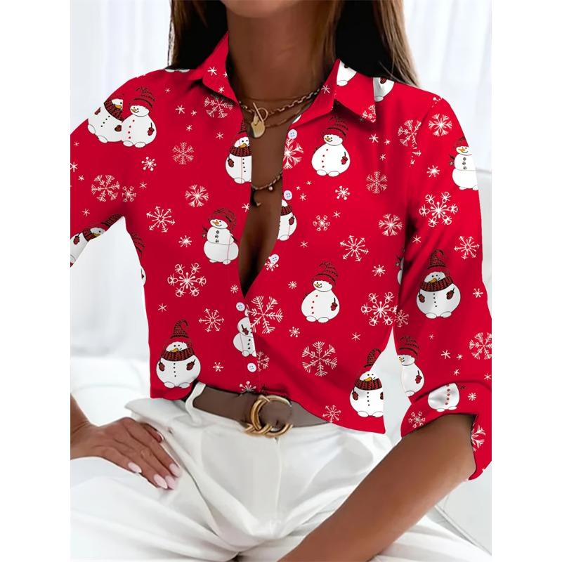 Christmas-themed Snowman Print Women's Long-Sleeve Shirt Button-down Collar Design Relaxed Fit Casual Women's Shirt