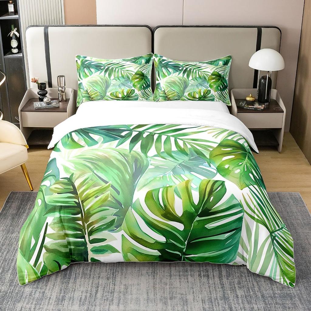 Dark Green Boho Duvet Cover Tropical Botanical Bedding Set Abstract Mid Century Palm Leaf Comforter Covers Plant Home Room Decor