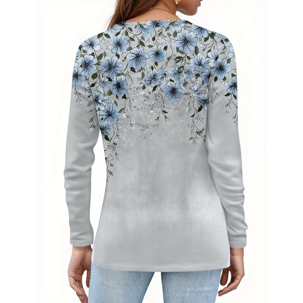 Women's Fashion Casual Slit Hem Round Neck Long Sleeve Loose Printed T-Shirt Ladies Top