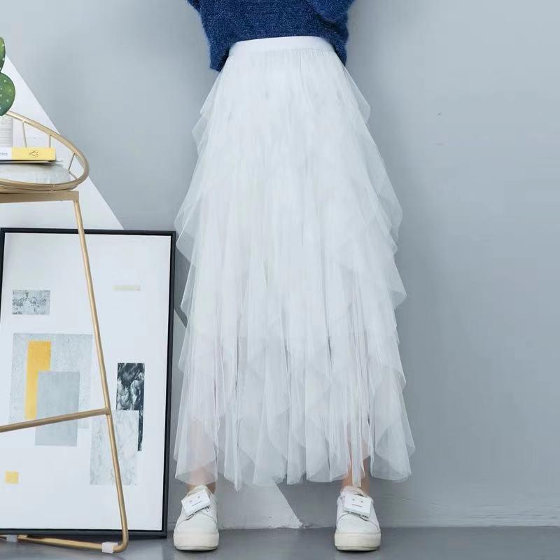 Spring-Summer Women s Irregular Pleated Mid-Length Mesh Skirt One Size белый