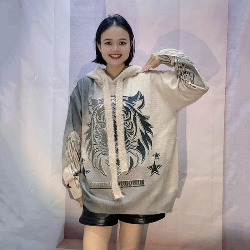Women's Lightning Tiger Knit Sweater - Rhinestone Loose Fit 2024