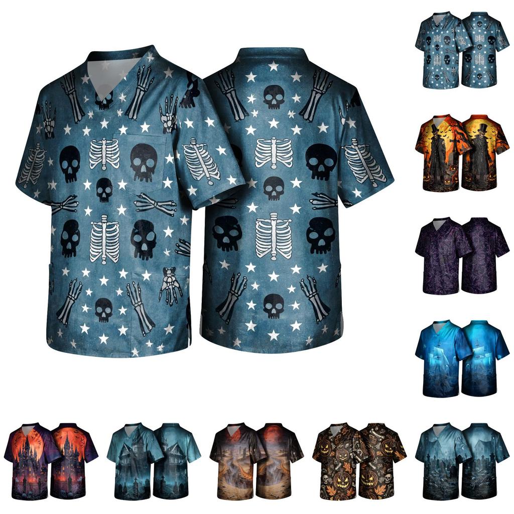 Men's Halloween Print V-Neck Scrub Top with Pockets Comfort Fit for Daily Work