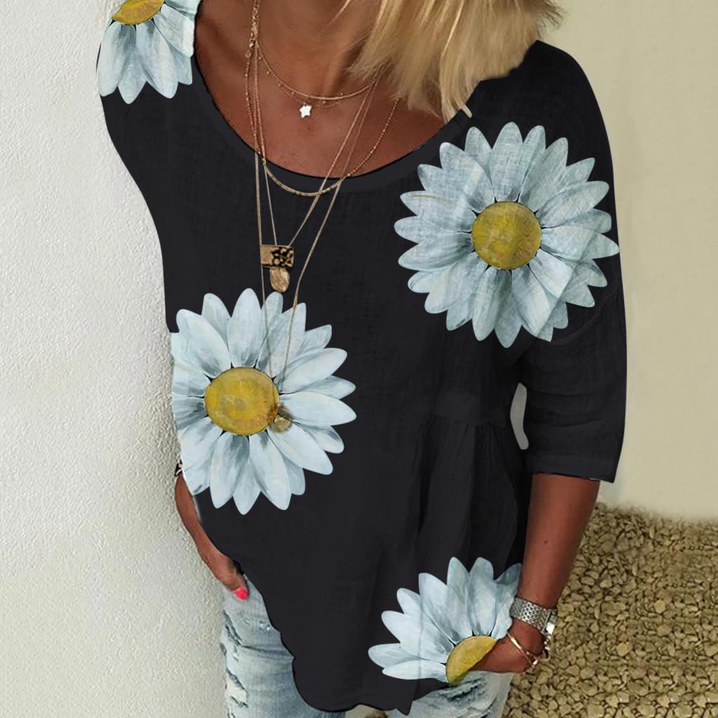 Women Casual Plus Size  Printed Loose Sunflower Tunic Shirt Blouse Tops